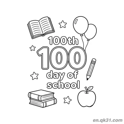 Free printable 100th Day of School Coloring Page with Apple and Two Balloons coloring page