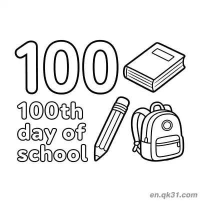 Free printable 100th Day of School Coloring Page with Backpack Book and Pencil coloring page