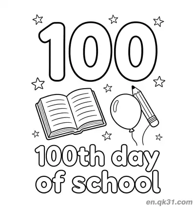 Free printable 100th Day of School Coloring Page with Balloon and Star Decorations coloring page