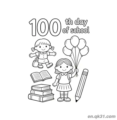 Free printable 100th Day of School Coloring Page with Balloon Girls and Stacked Books coloring page