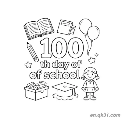 Free printable 100th Day of School Coloring Page with Balloons and Graduation Cap coloring page