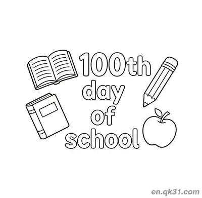 Free printable 100th Day of School Coloring Page with Book Pencil and Apple Frame coloring page