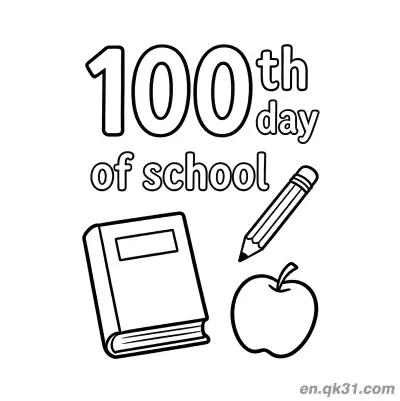 Free printable 100th Day of School Coloring Page with Book Pencil and Apple coloring page