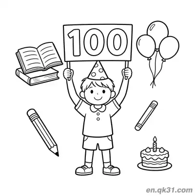 Free printable 100th Day of School Coloring Page with Boy Holding 100 Sign and Party Elements coloring page