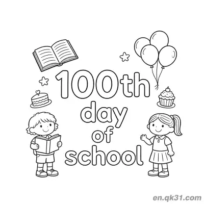 Free printable 100th Day of School Coloring Page with Cake and Two Kids coloring page