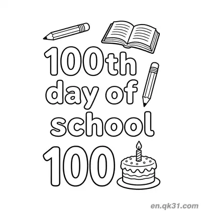 Free printable 100th Day of School Coloring Page with Cake and Two Pencils coloring page