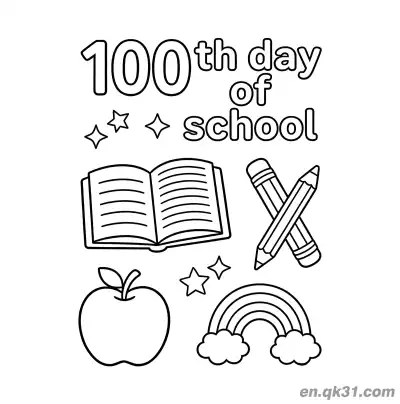 Free printable 100th Day of School Coloring Page with Crossed Pencils Rainbow and Apple coloring page