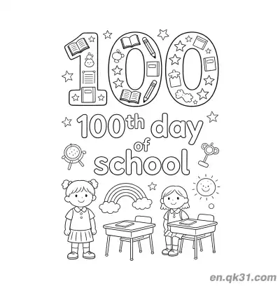 Free printable 100th Day of School Coloring Page with Decorated 100 and Classroom Scene coloring page