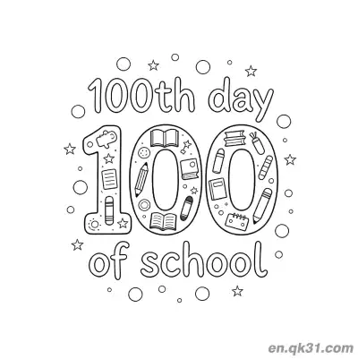 Free printable 100th Day of School Coloring Page with Decorated 100 and Dots Stars coloring page