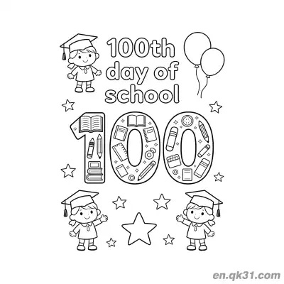 Free printable 100th Day of School Coloring Page with Decorated 100 and Graduates coloring page
