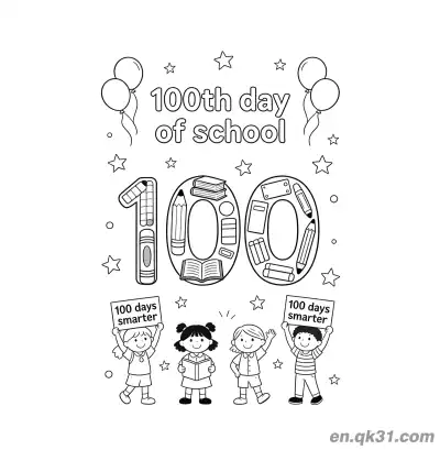Free printable 100th Day of School Coloring Page with Four Kids Holding Signs and Decorated 100 100 coloring page