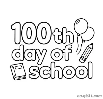 Free printable 100th Day of School Coloring Page with Large 100 Text Balloon and Pencil coloring page