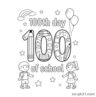 Free printable 100th Day of School Coloring Page with Pencil 100 and Rainbow coloring page
