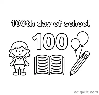 Free printable 100th Day of School Coloring Page with Single Girl and Balloons coloring page