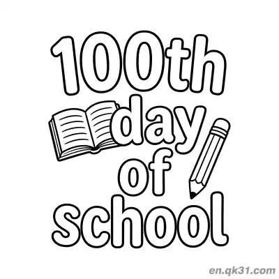 Free printable 100th Day of School Coloring Page with Slanted Text Book and Pencil coloring page