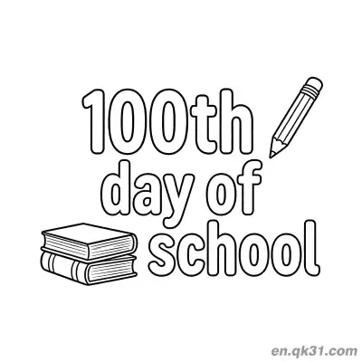 Free printable 100th Day of School Coloring Page with Stacked Books and Pencil coloring page