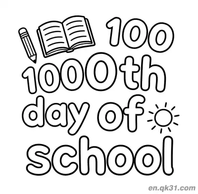 Free printable 100th Day of School Coloring Page with Sun Book and Pencil coloring page