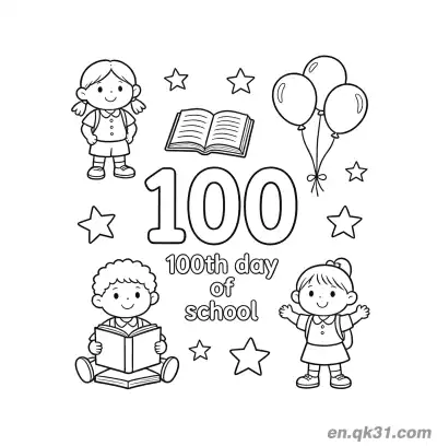 Free printable 100th Day of School Coloring Page with Three Kids Stars and Balloons coloring page