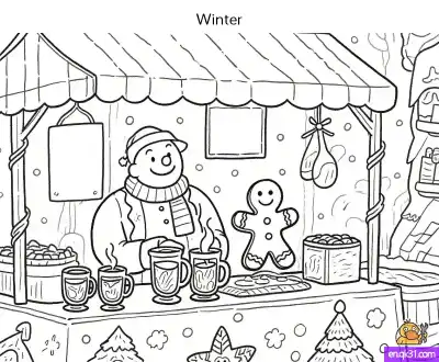 Free printable Snowman Vendor Coloring Page - Hot Chocolate & Gingerbread coloring page