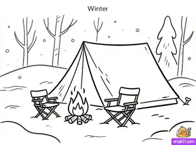 Free printable  Winter Camping Coloring Page: Tent & Campfire in the Snow coloring page