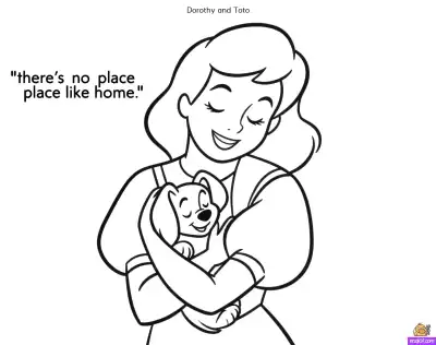 Free printable Dorothy and Toto Coloring Page: "There's No Place Like Home" coloring page