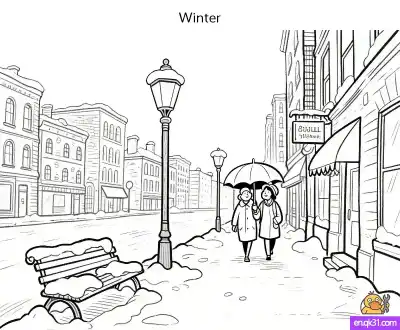 Free printable Snowy City Street Coloring Page | Romantic Winter Walk coloring page