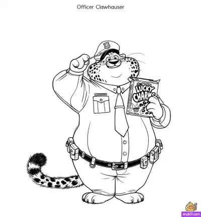 Free printable Officer Clawhauser Zootopia Coloring Page – Cereal Fun with Police Cheetah coloring page