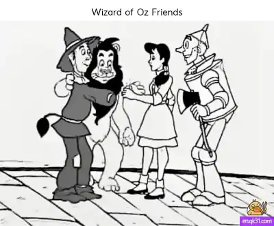Free printable Wizard of Oz Friends Coloring Page: Scarecrow, Lion, Dorothy, Tin Man coloring page
