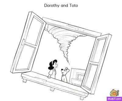 Free printable Wizard of Oz Tornado Coloring Page: Dorothy and Toto coloring page
