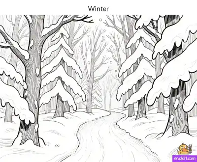 Free printable Snowy Forest Path Coloring Page | Winter Wonderland Scene coloring page