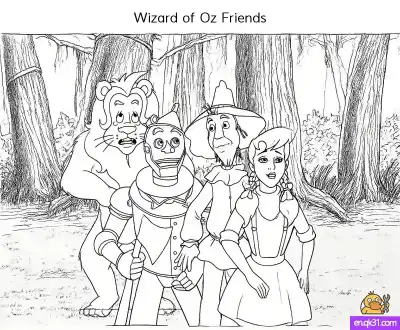 Free printable Wizard of Oz Friends Coloring Page: Dorothy, Tin Man, Lion, Scarecrow coloring page