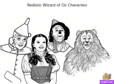 Free printable Realistic Wizard of Oz Characters Coloring Page - Tin Man, Dorothy, Scarecrow, Lion coloring page