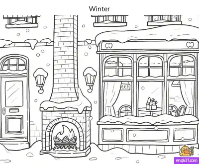 Free printable Cozy Coffee Shop Coloring Page: Fireplace & Snowy Cafe coloring page