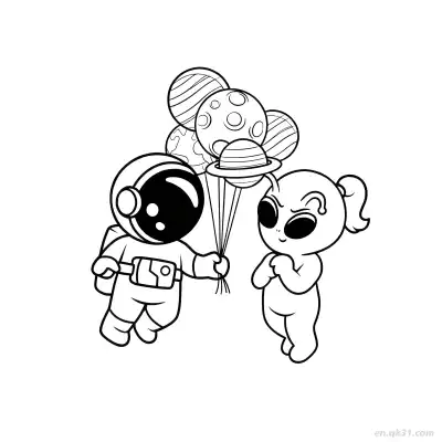 Free printable Alien and Astronaut with Planet Balloons Coloring Page coloring page