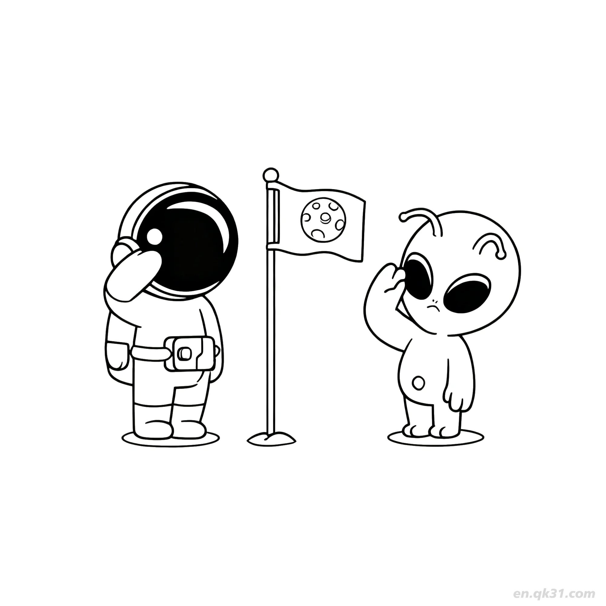 Alien and Astronaut Saluting Flag Coloring Page – Free Printable Coloring Page for Kids and Adults