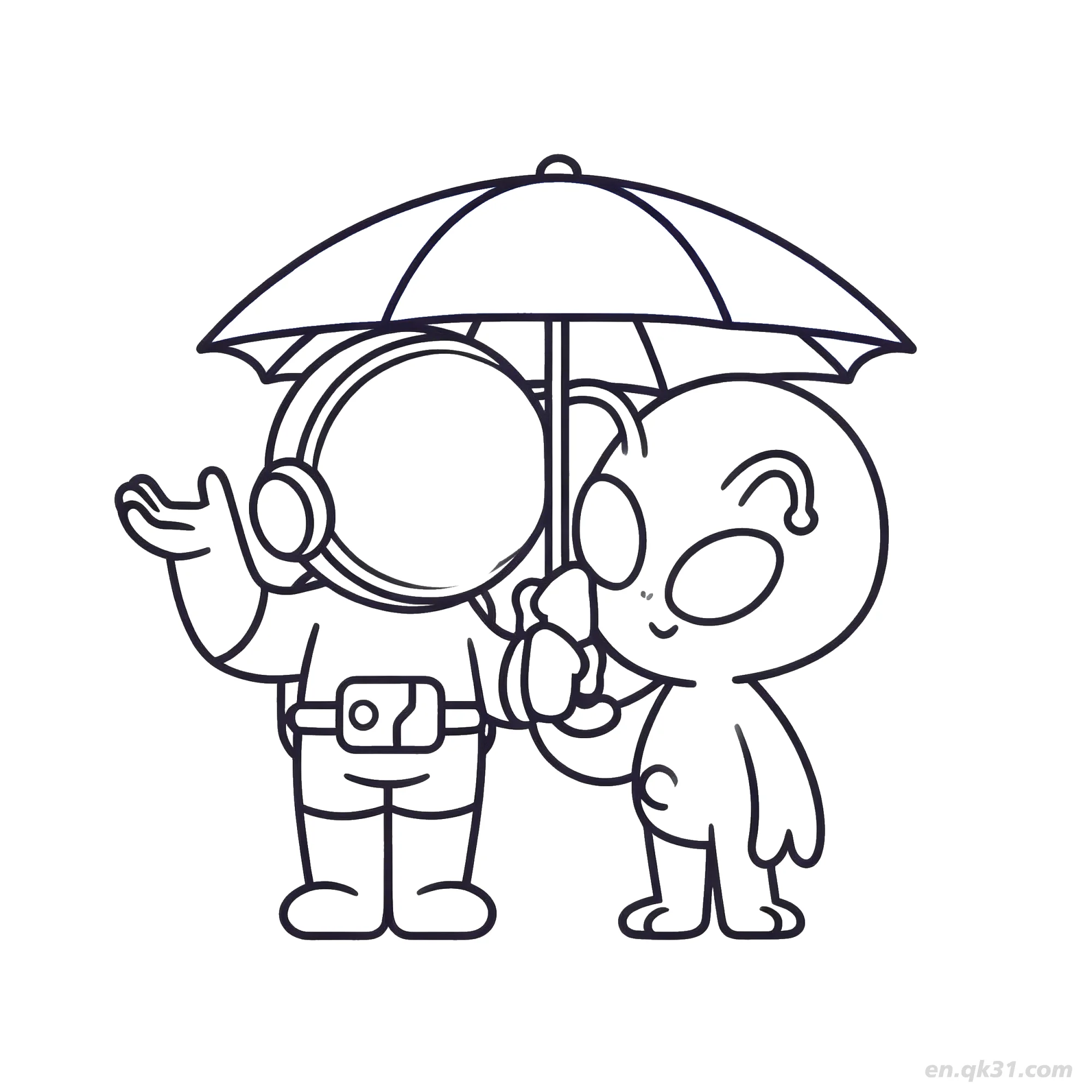 Alien and Astronaut Sharing Umbrella Coloring Page – Free Printable Coloring Page for Kids and Adults