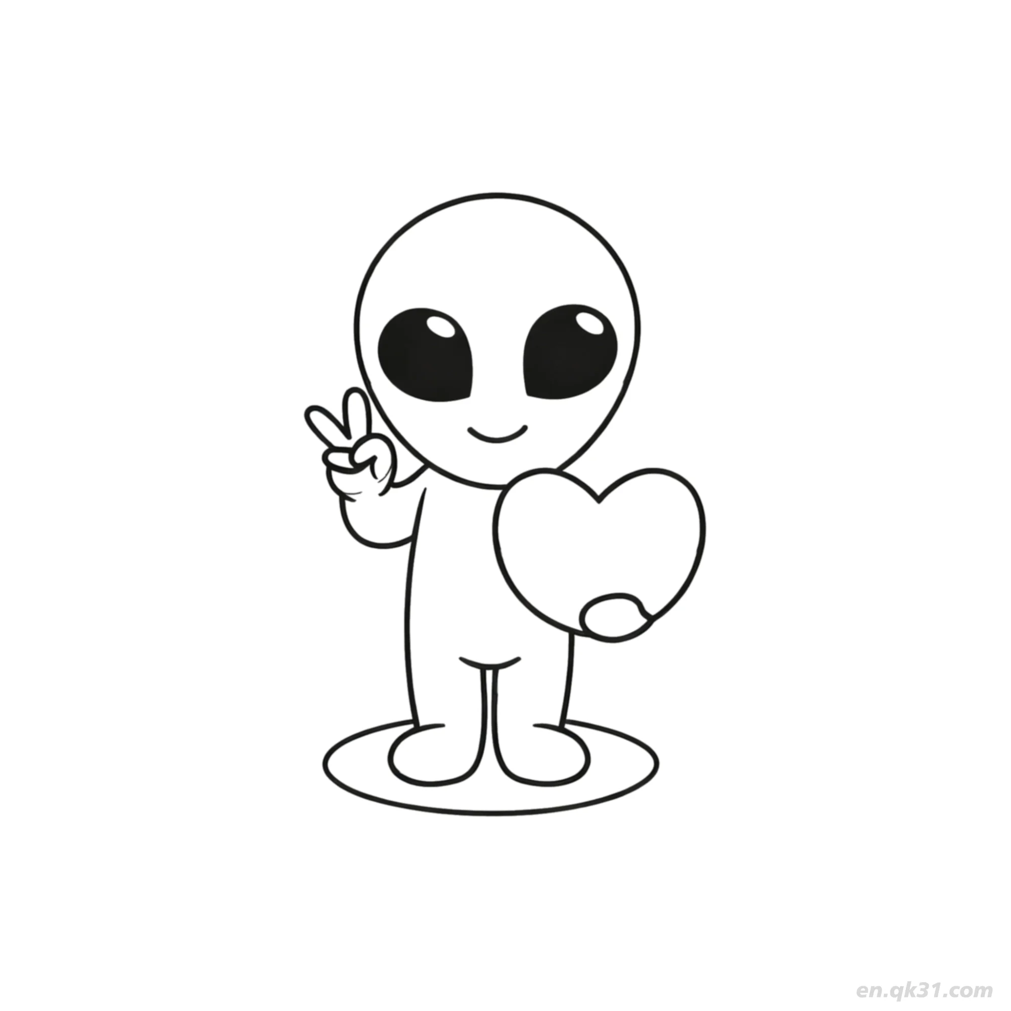 Alien Holding Heart and Peace Sign Coloring Page – Free Printable Coloring Page for Kids and Adults
