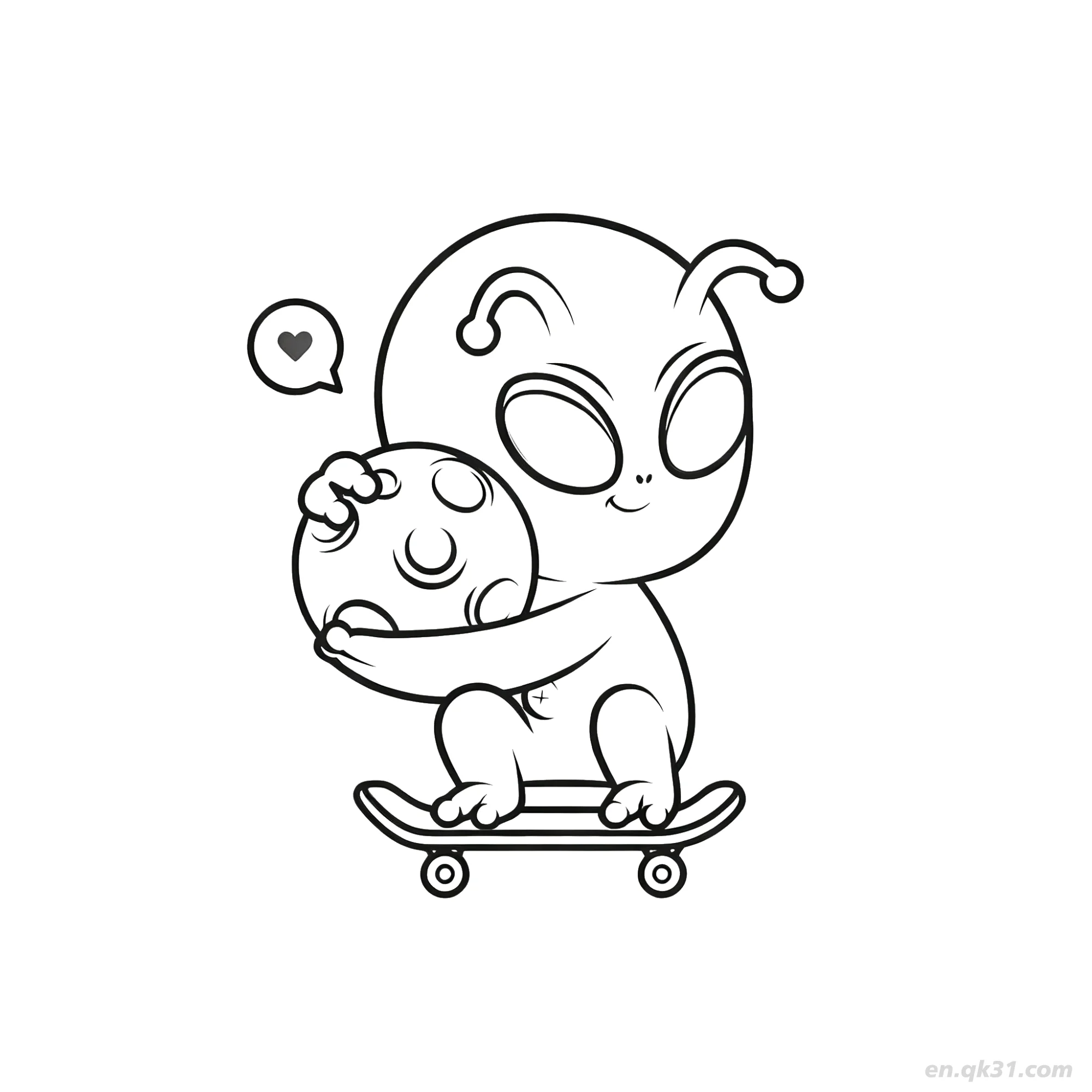 Alien Hugging Moon on Skateboard Coloring Page – Free Printable Coloring Page for Kids and Adults