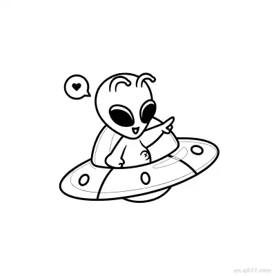 Free printable Alien in UFO Pointing with Heart Coloring Page coloring page