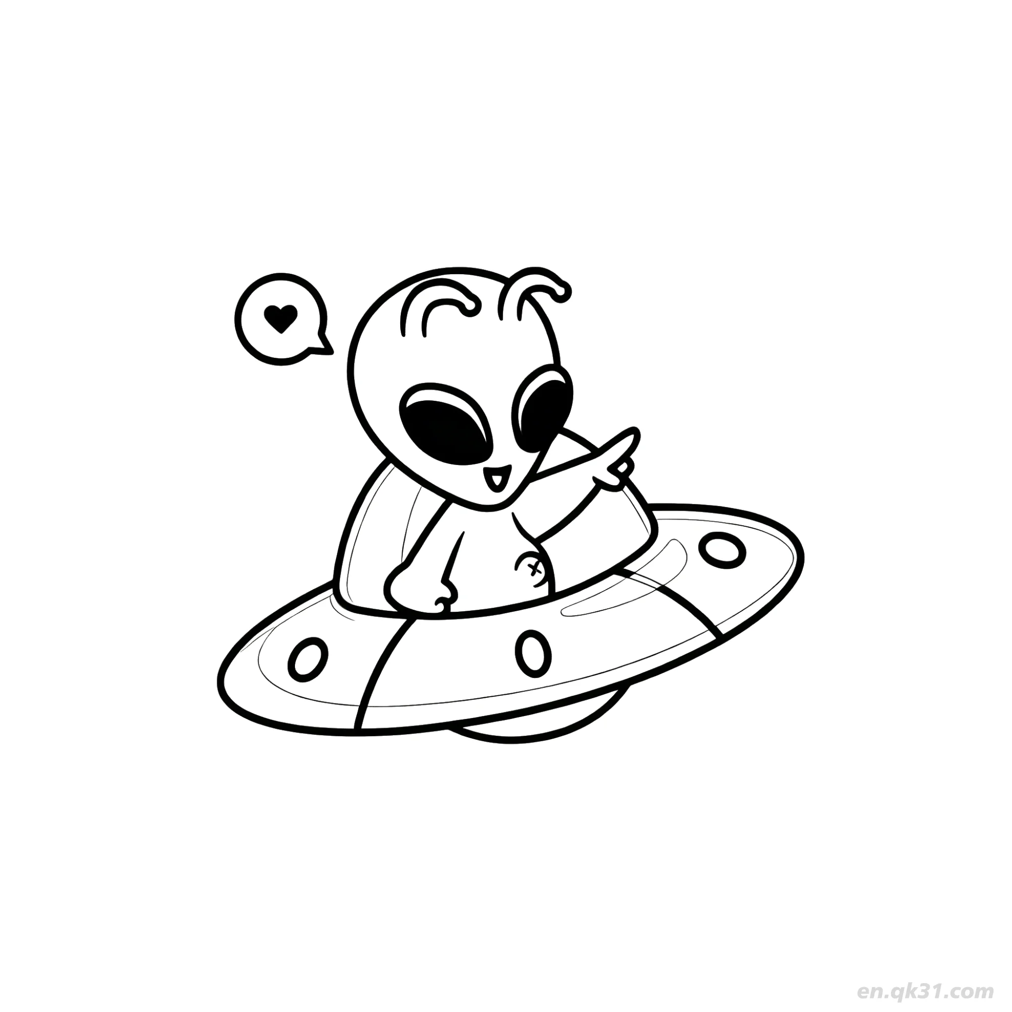 Alien in UFO Pointing with Heart Coloring Page – Free Printable Coloring Page for Kids and Adults