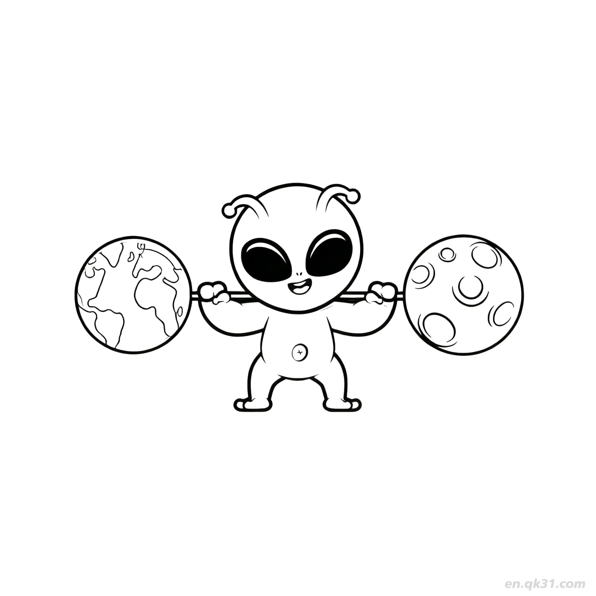 Alien Lifting Earth and Moon Barbell Coloring Page – Free Printable Coloring Page for Kids and Adults