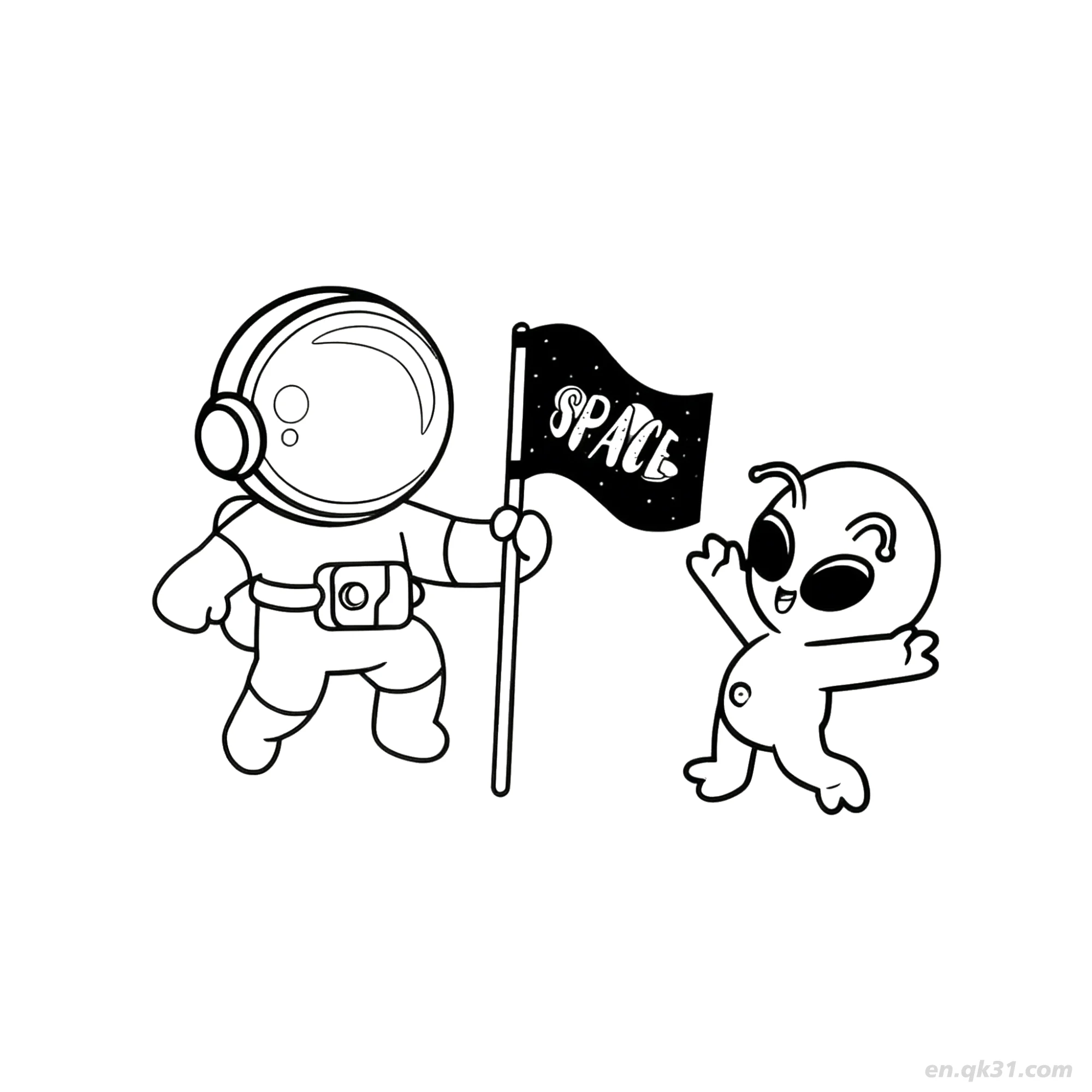 Alien Meets Astronaut with Space Flag Coloring Page – Free Printable Coloring Page for Kids and Adults