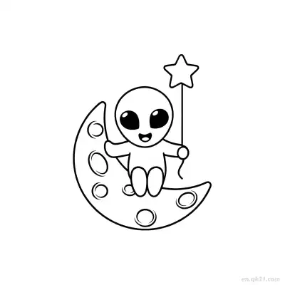 Free printable Alien on Crescent Moon with Wand Coloring Page coloring page