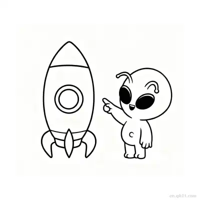 Free printable Alien Pointing at Rocket Coloring Page coloring page