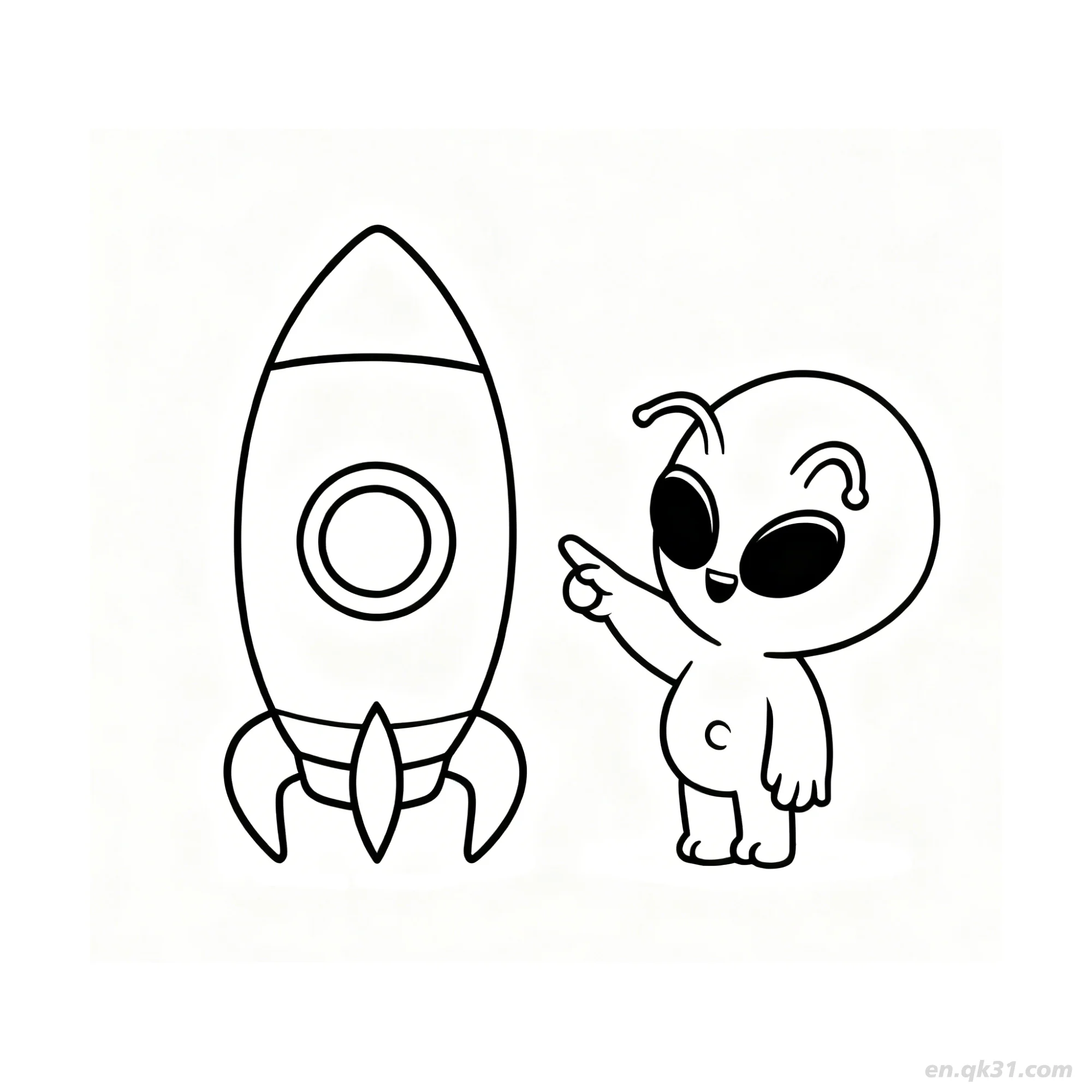 Alien Pointing at Rocket Coloring Page – Free Printable Coloring Page for Kids and Adults