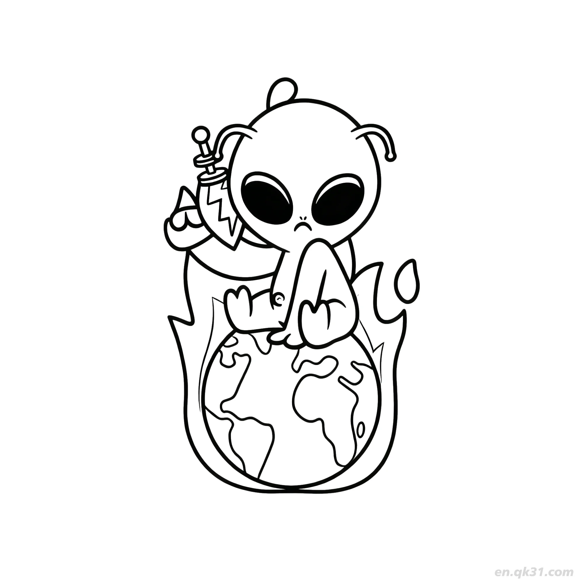 Alien with Sword on Burning Earth Coloring Page – Free Printable Coloring Page for Kids and Adults