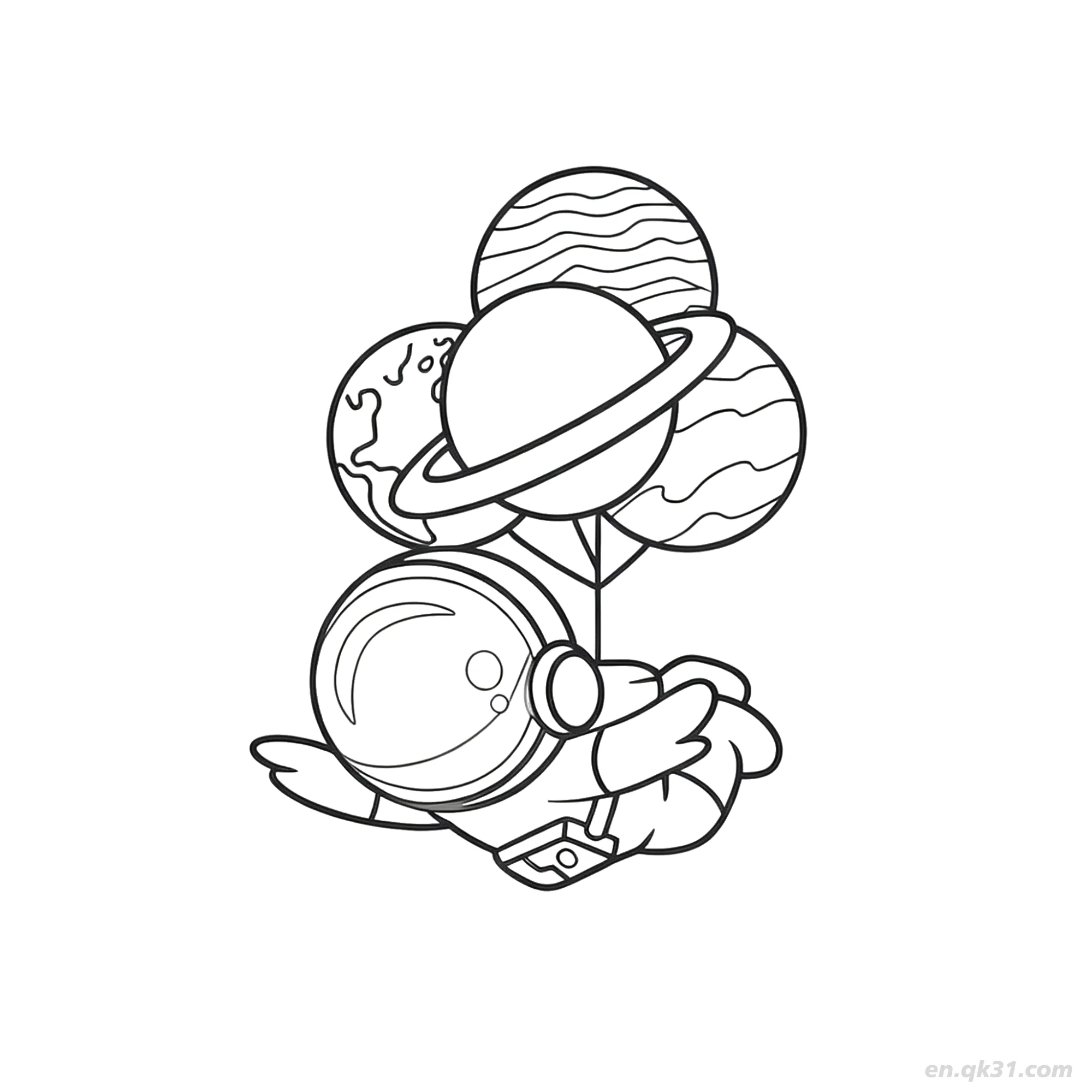 Astronaut Floating with Planet Balloons Coloring Page – Free Printable Coloring Page for Kids and Adults