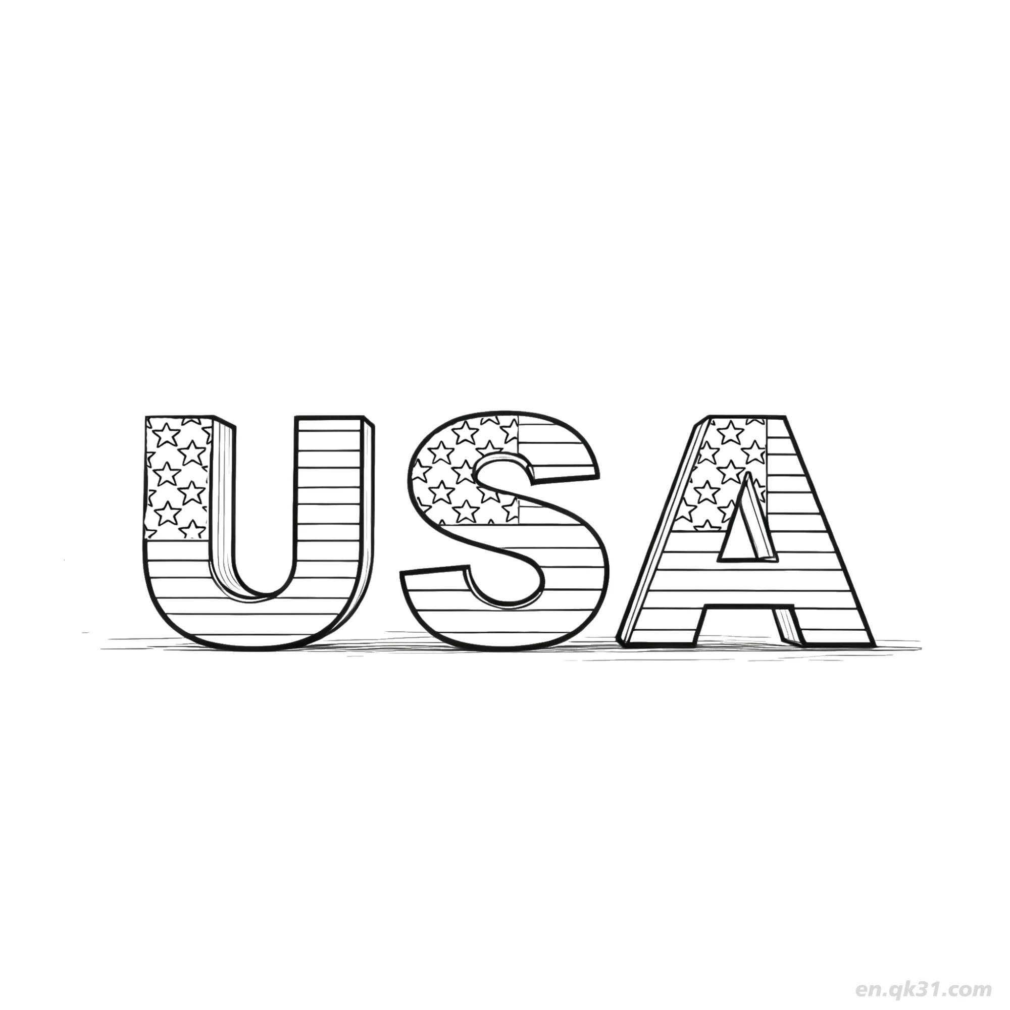 3D USA Text with Flag Design Coloring Page  – Free Printable Coloring Page for Kids and Adults