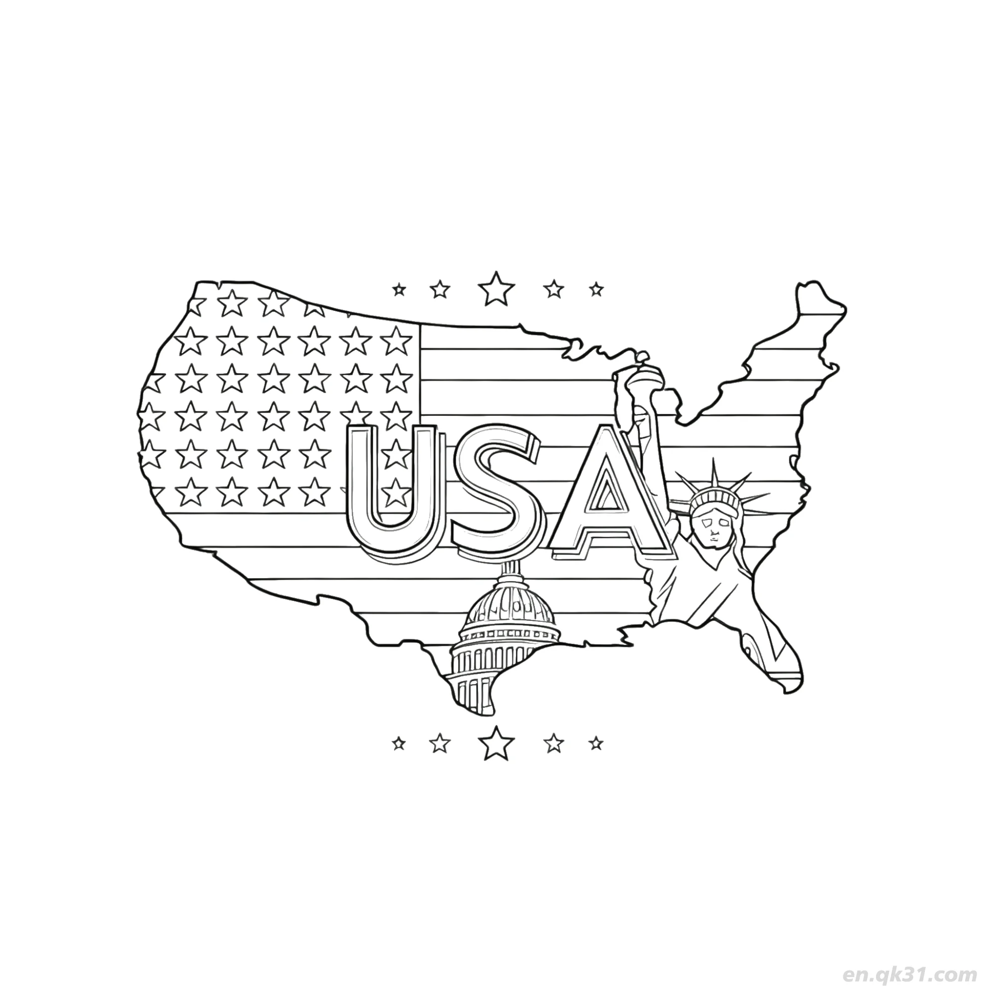 USA Map Landmarks Flag Statue Capitol Coloring Page  – Free Printable Coloring Page for Kids and Adults