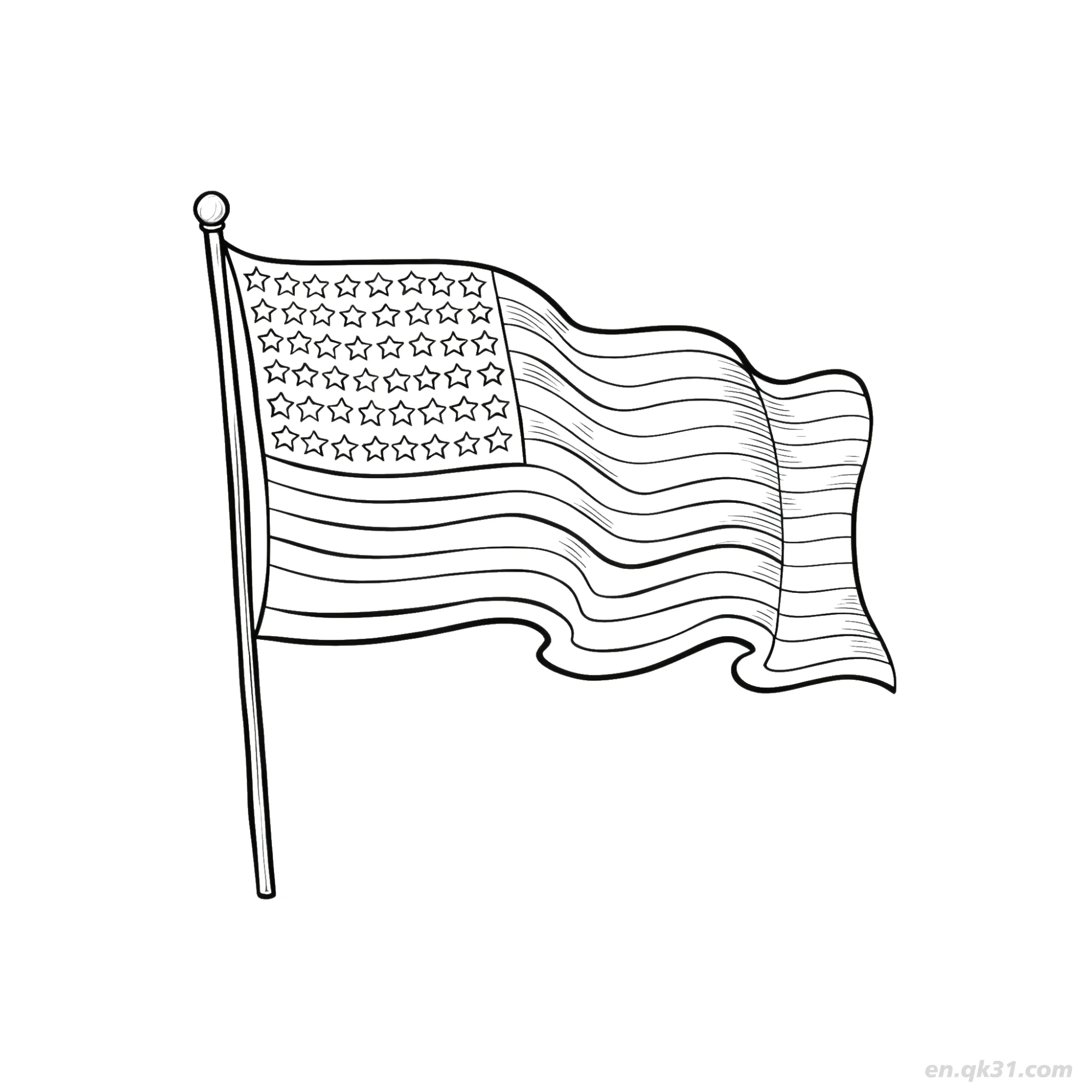 Wavy American Flag on Flagpole Coloring Page  – Free Printable Coloring Page for Kids and Adults